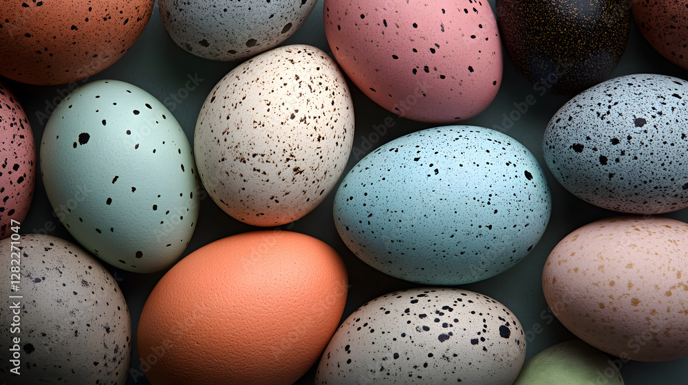 Close-up view of a collection of pastel-colored speckled eggs. Perfect for Easter decorations. Pastel Speckled Easter Eggs Collection Close-up view of a collection of pastel-colored speckled eggs. Perfect for Easter decorations. Pastel Speckled Easter Eggs Collection