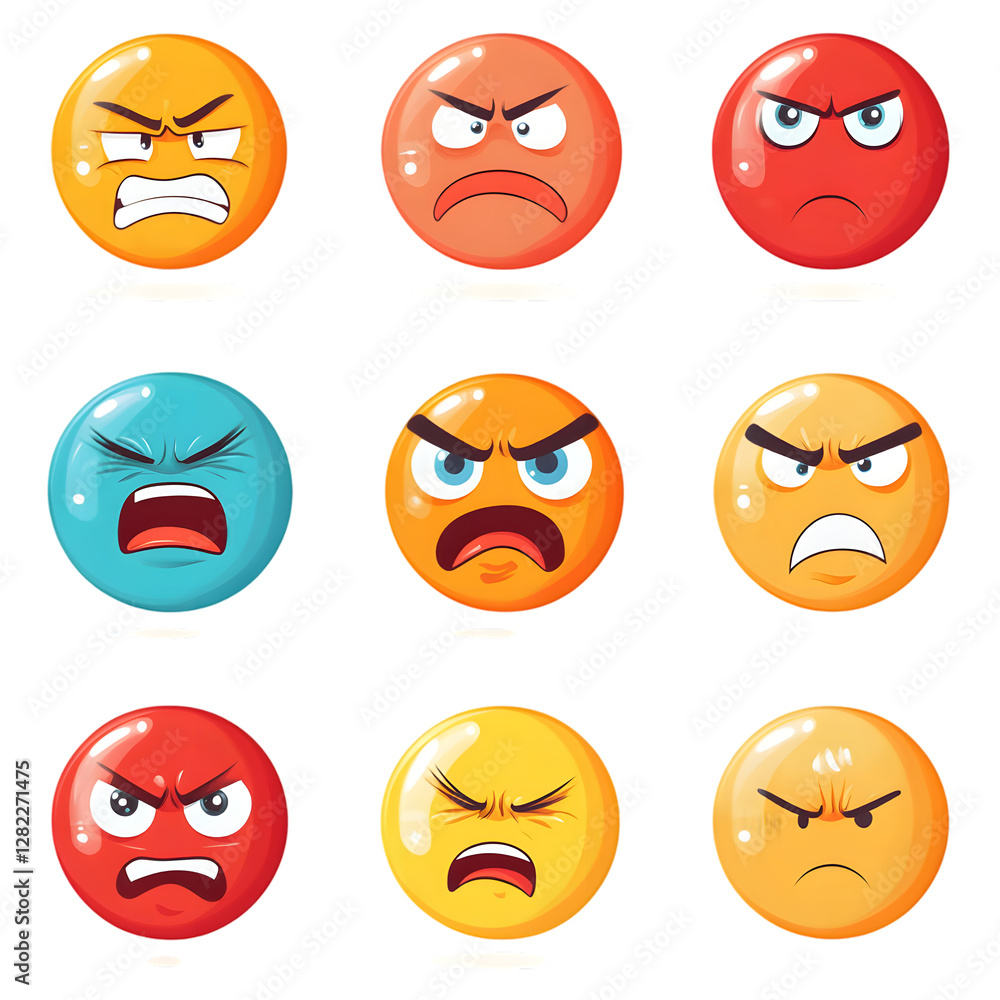 Fototapeta premium A collection of nine cartoon-style angry emoticons in vibrant colors, depicting various expressions of anger and frustration