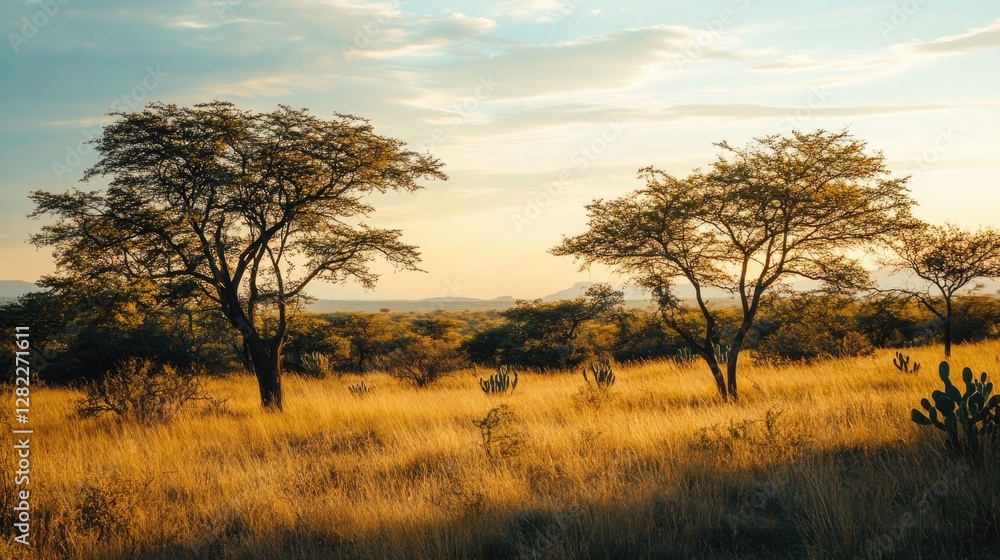 Golden Hour Savanna: Acacia Trees and Tall Grass under a Sunset Sky Golden Hour Savanna: Acacia Trees and Tall Grass under a Sunset Sky