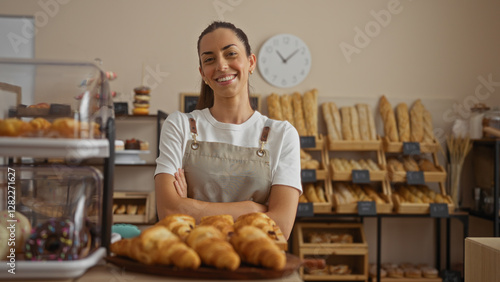 Photography Young woman with crossed arms standing confidently inside a bakery shop, surrounded by fresh bread and pastries, smiling in front of wooden shelves filled with loaves