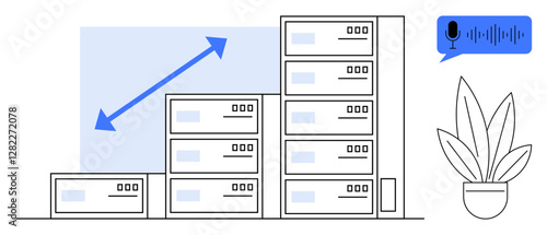 Data storage servers stacked in an ascending manner with upward arrow, audio waveform icon, and potted plant. Ideal for business growth, technology trends, data management, cloud computing, digital