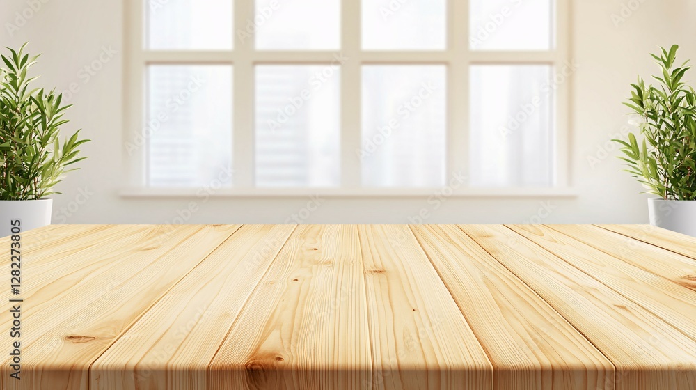 A wooden table in a room with plants and a window A wooden table in a room with plants and a window