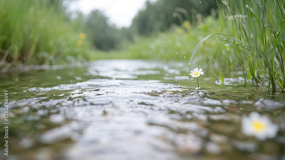 Fototapeta premium Clear water flows through a shallow stream surrounded by green grass and small white wildflowers.