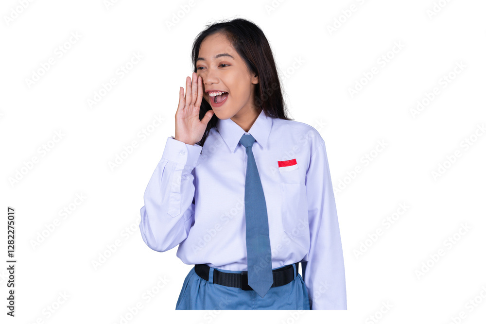 Indonesian Female High School Student in Uniform Shouting with Hand on Mouth Isolated Transparent Indonesian Female High School Student in Uniform Shouting with Hand on Mouth Isolated Transparent