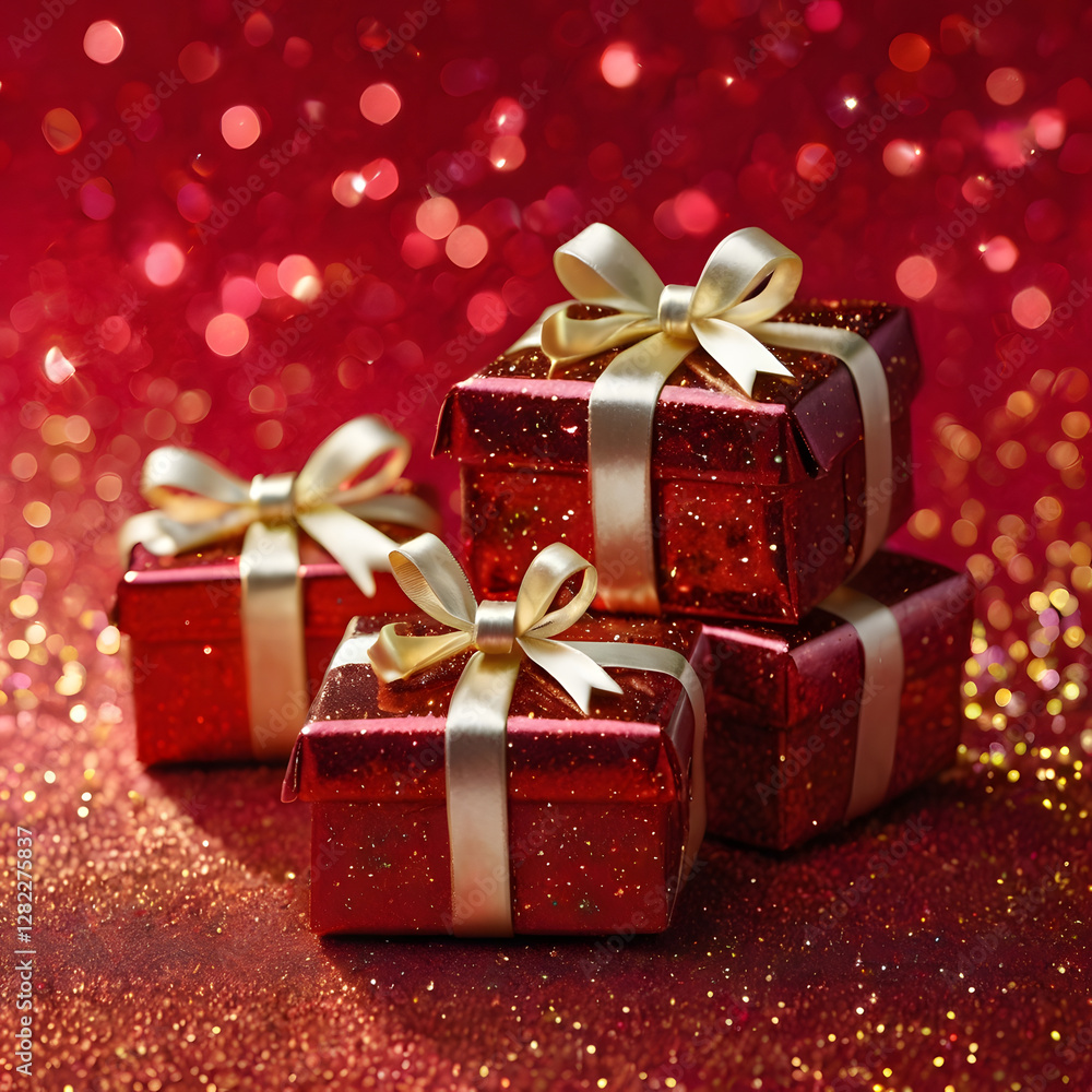Stacked Red glowing Gift box with Golden Ribbons on Sparkling Background. Stacked Red glowing Gift box with Golden Ribbons on Sparkling Background.