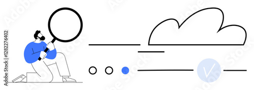 Man in blue shirt using magnifying glass to examine cloud storage, checklist signs, and progress indicators. Ideal for cloud computing, data analysis, security, storage solutions, technology, IT