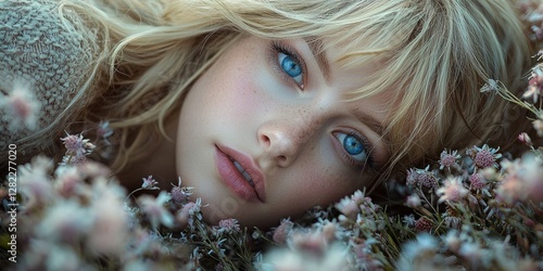 Young woman with blue eyes lying in a field of pink flowers