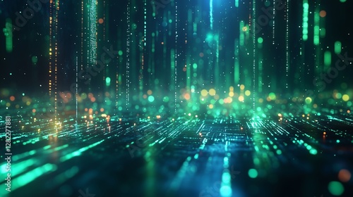 Abstract digital matrix with glowing green and orange light streams