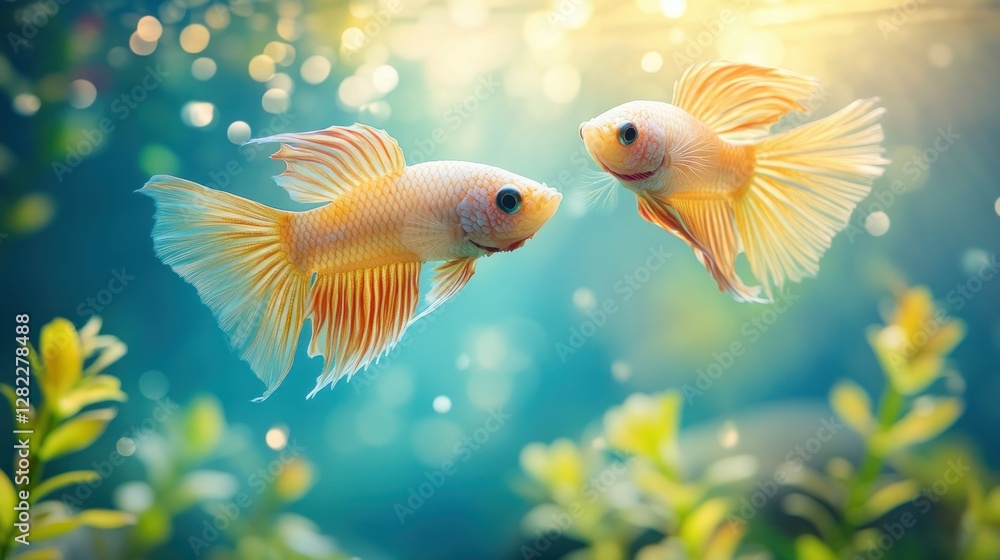Fototapeta premium Two betta fish in aquarium, interacting, with soft lighting, floral background. Possible use pet store advertisement