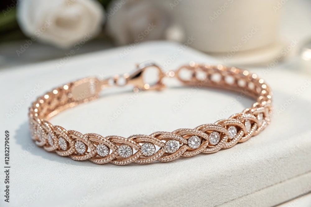 Elegant Rose Gold Bracelet with Diamonds on Display Elegant Rose Gold Bracelet with Diamonds on Display