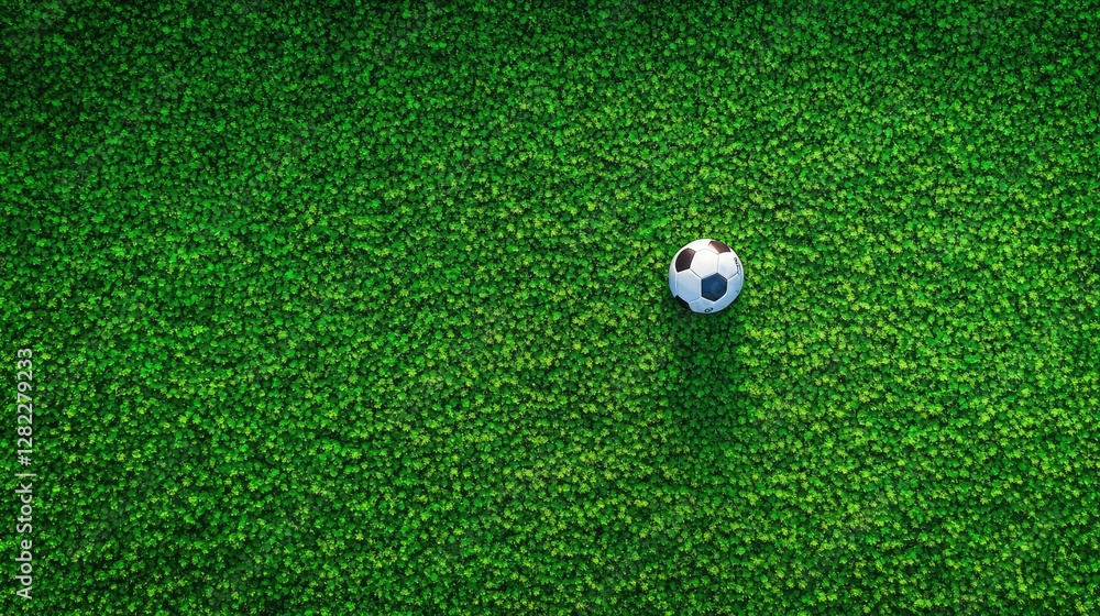 Obraz premium Isolated soccer ball on a vibrant green grass background, centered, top view, sharp details, no people
