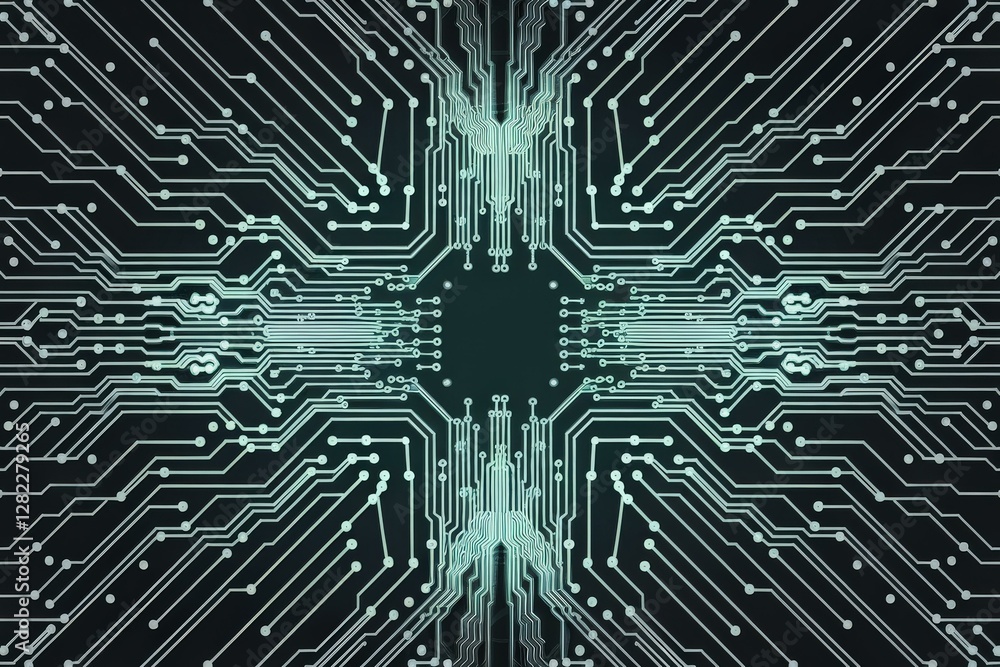 Futuristic Symmetrical Circuit Board Design - Modern Abstract Digital Illustration Dark Background Tech Digital Marketing Materials