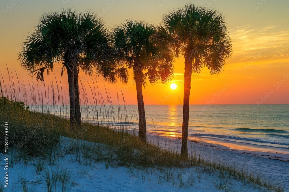 Fototapeta premium Sunset over beach, palm trees silhouetted, tranquil ocean