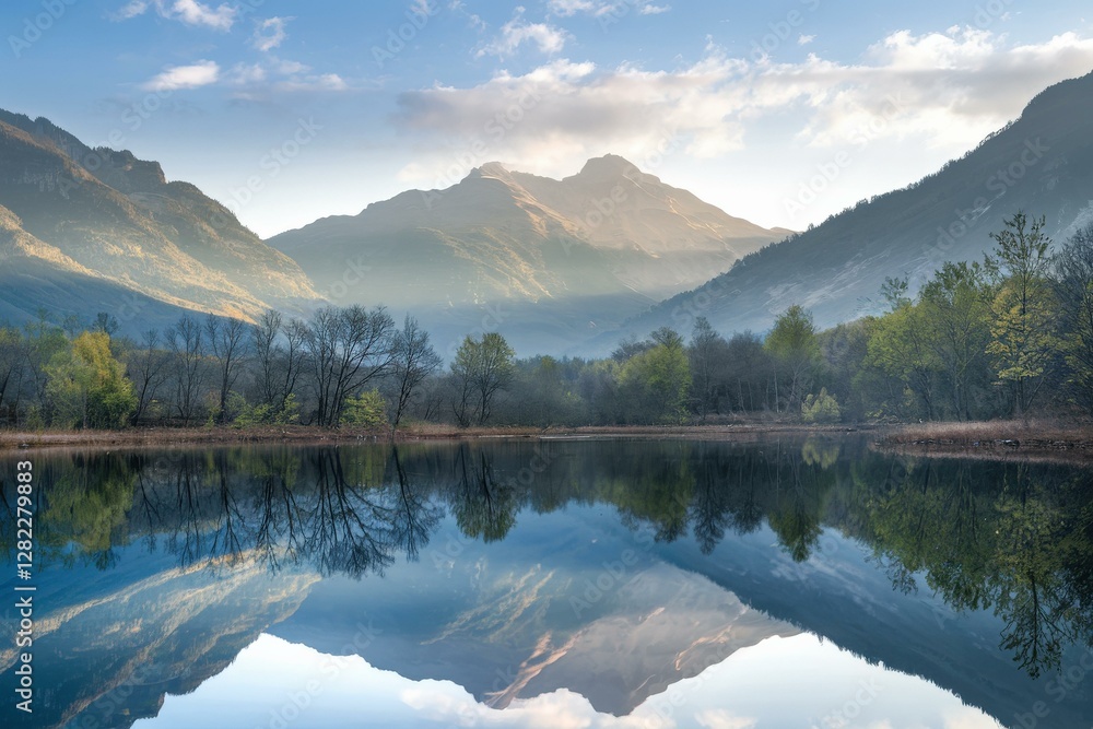 Naklejka premium Serene Spring Mountain Landscape Tranquil Lake Reflections, Lush Green Trees, Blue Sky Early Morning Light - Travel, Nature, Outdoor Adventure Content