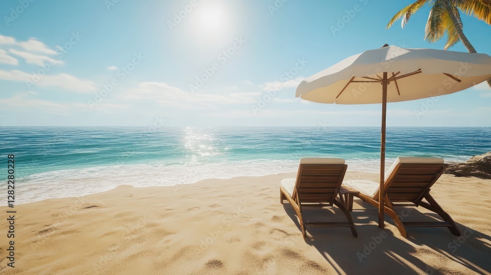 Obraz premium Tropical beach chairs under umbrella, ocean view, sunny day, vacation relaxation