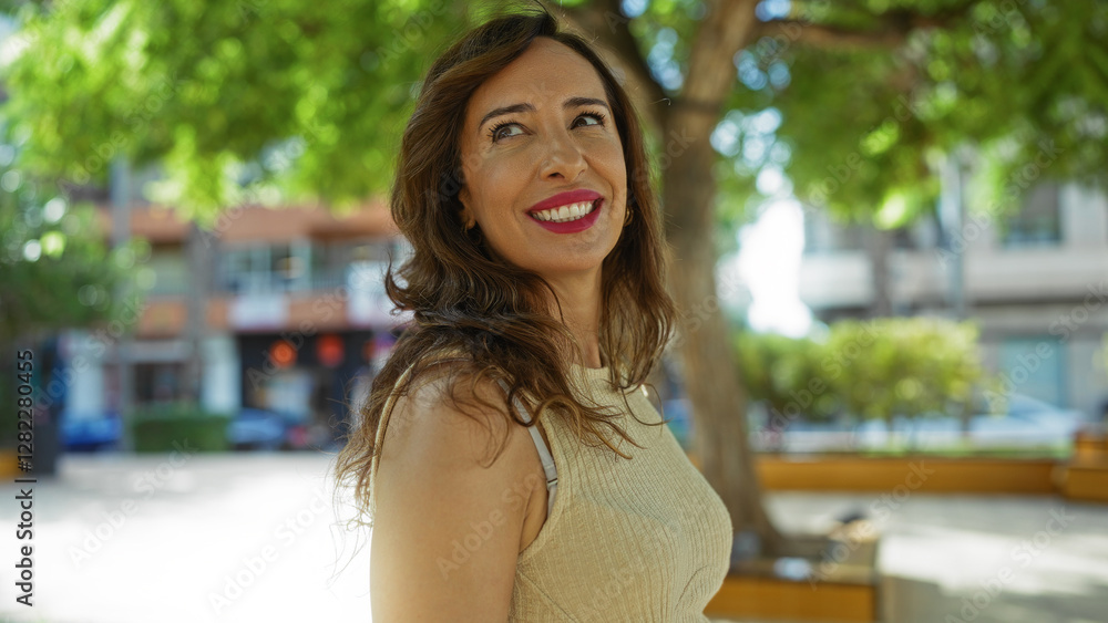 Fototapeta premium Woman smiling in a sunny outdoor urban setting with trees and buildings in the background capturing the essence of a beautiful day
