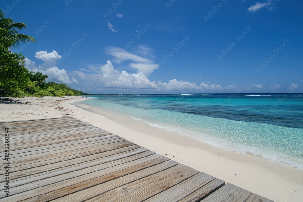 Naklejka premium Tropical beach boardwalk, turquoise water, sunny sky, island getaway