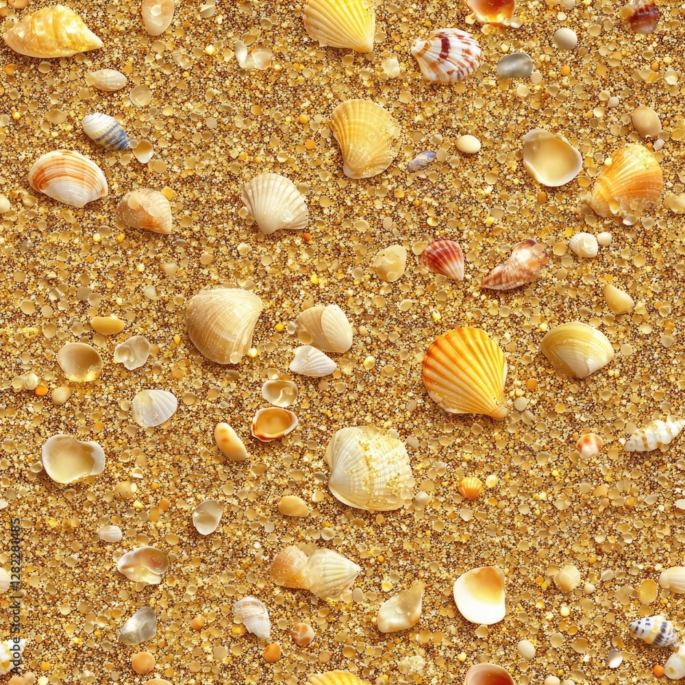 Fototapeta premium A beach scene with shells scattered across the sand