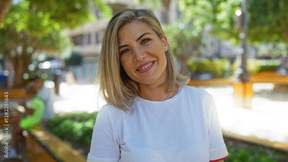 Blonde woman smiling outdoors in a sunny urban park with trees in the background Blonde woman smiling outdoors in a sunny urban park with trees in the background