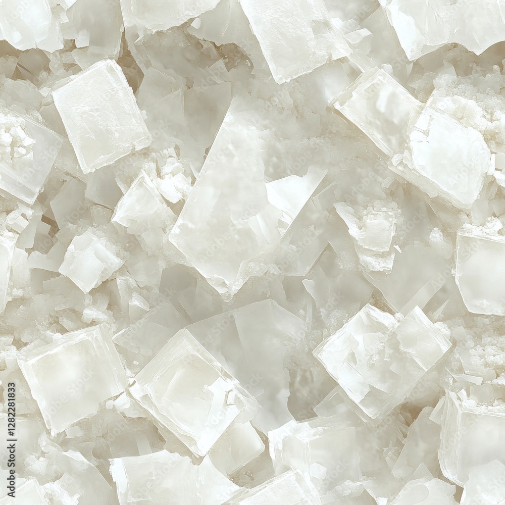 Seamless texture of salt crystal formations, white and translucent cubic structures with soft glow Seamless texture of salt crystal formations, white and translucent cubic structures with soft glow