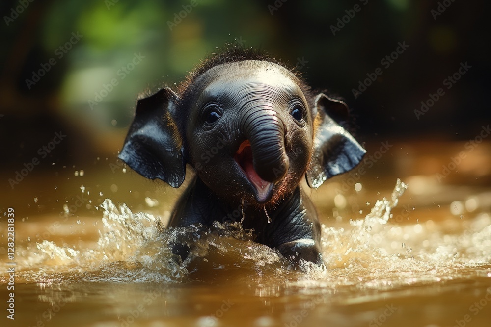 Playful baby elephant splashes joyfully in a serene river on a sunny afternoon