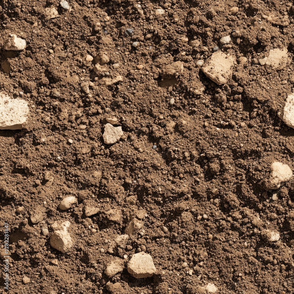 Seamless texture of sandy loam soil, earthy brown with fine grains and occasional pebbles Seamless texture of sandy loam soil, earthy brown with fine grains and occasional pebbles