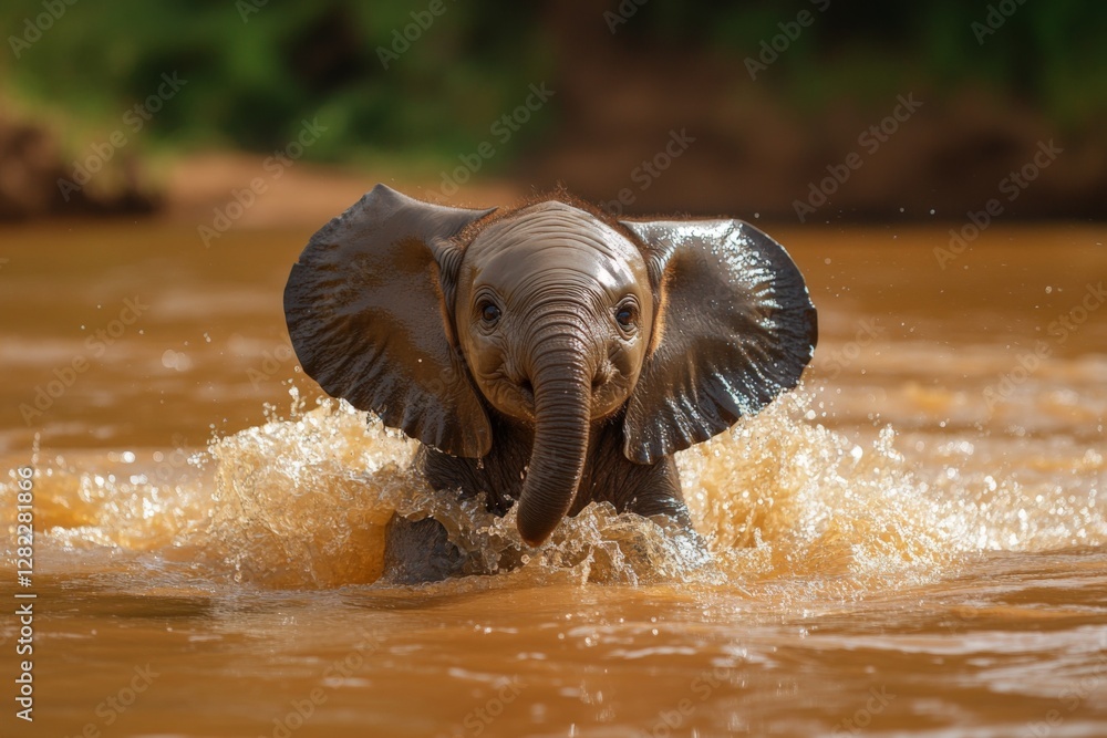 Young elephant splashes joyfully in a muddy river during a sunny afternoon in the wild