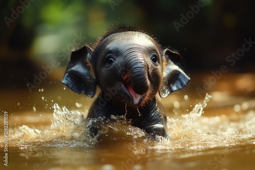 Obraz na płótnie Playful baby elephant splashes joyfully in a serene river on a sunny afternoon w salonie