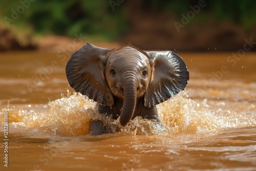 Obraz na płótnie Young elephant splashes joyfully in a muddy river during a sunny afternoon in the wild w salonie
