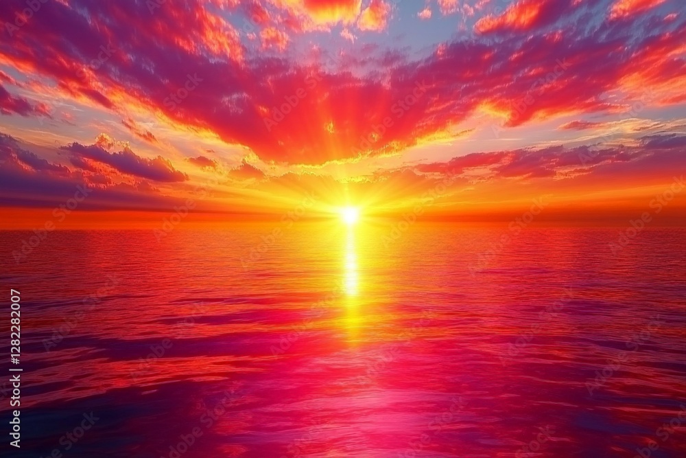 Stunning sunset over calm ocean water with vibrant colors reflecting in the sky and shimmering on the surface