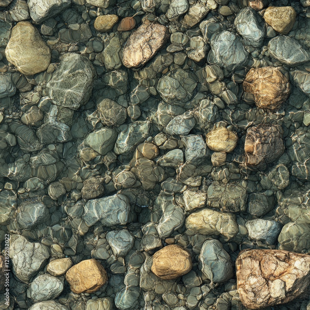 Seamless texture of wet rocky shoreline, shallow water with submerged pebbles and algae Seamless texture of wet rocky shoreline, shallow water with submerged pebbles and algae