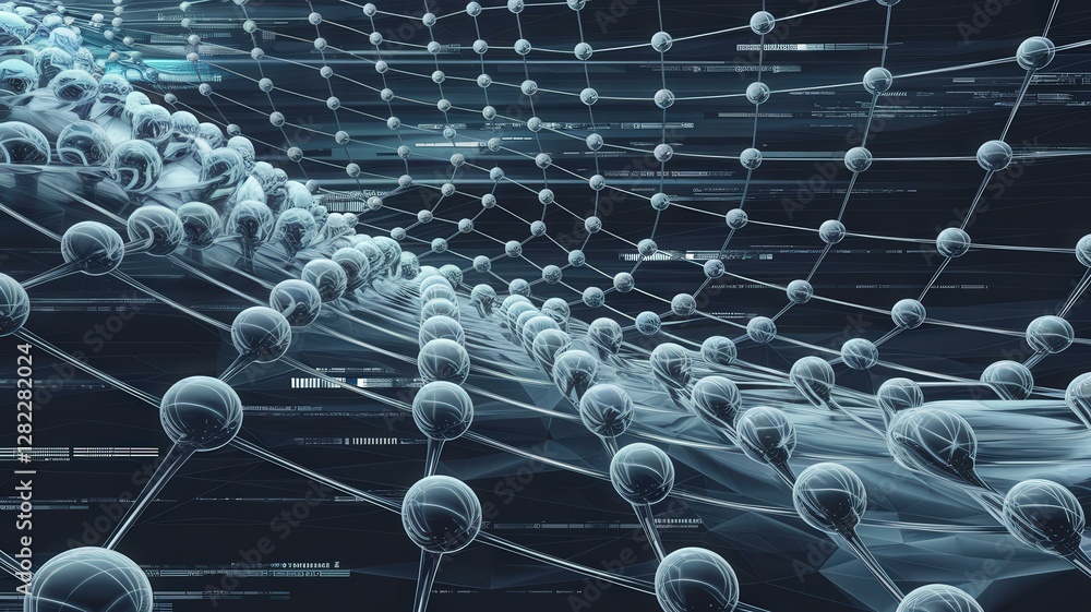 Obraz premium Futuristic Digital Illustration Interconnected Spheres Flowing Lines Dark Background - Molecular Network Visualization Science Technology Presentations