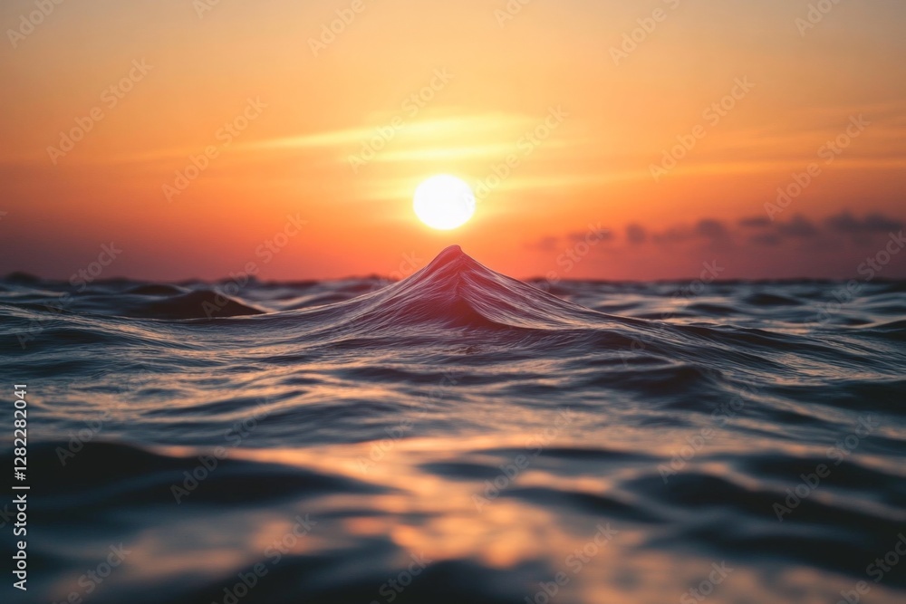 Serenity of ocean waves at sunset with sun dipping below the horizon in peaceful waters