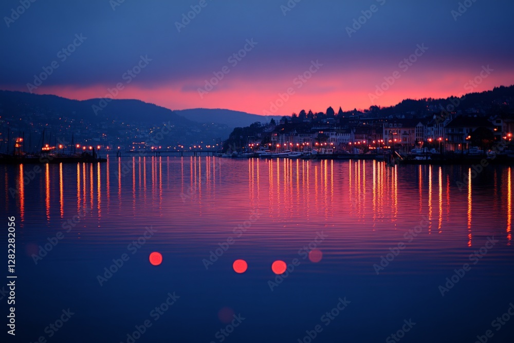 Sunset reflects on the calm waters with city lights shimmering along the shoreline of a serene bay