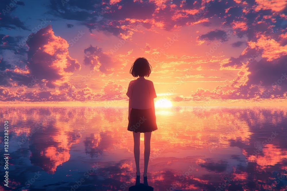 Sunset reflections over calm waters with a figure enjoying the serene view