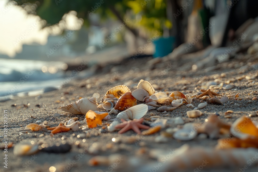 Seashells scattered on sandy shore during golden hour near calm ocean waves