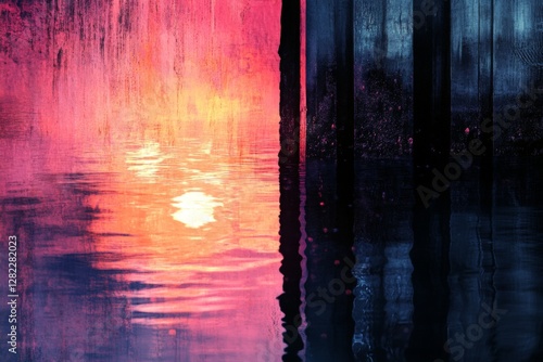 Colorful sunset reflection on calm water beside wooden posts at a serene location