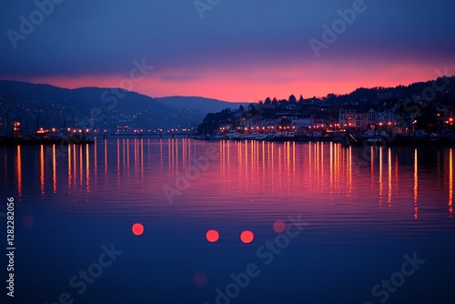 Obraz na płótnie Sunset reflects on the calm waters with city lights shimmering along the shoreline of a serene bay w salonie
