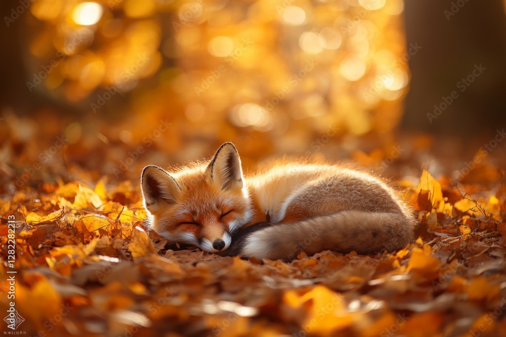 Fox peacefully sleeping among vibrant autumn leaves in a serene forest setting