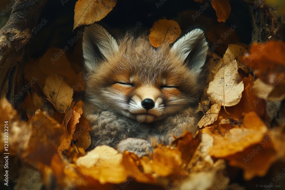 Fox cub resting peacefully among autumn leaves in a cozy den
