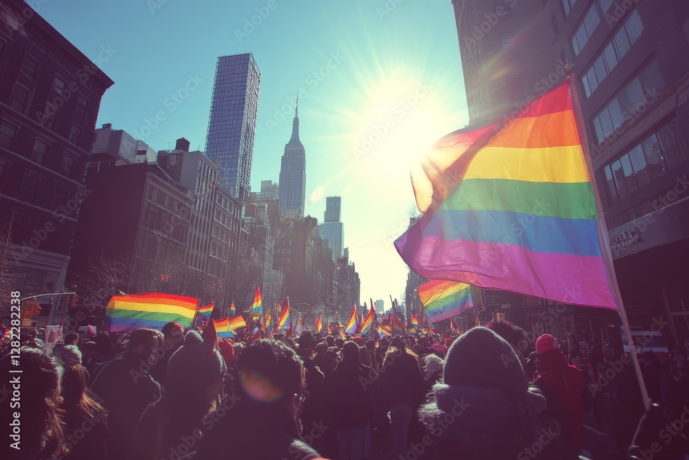 Celebration of pride with rainbow flags raised high in the streets of New York City during a vibrant daytime parade