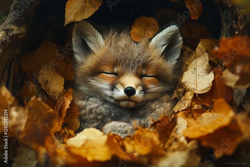 Obraz na płótnie Fox cub resting peacefully among autumn leaves in a cozy den w salonie