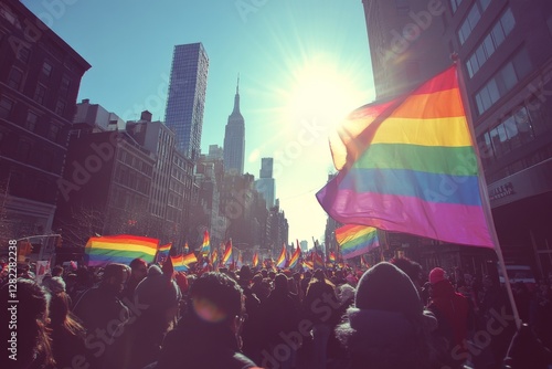 Obraz na płótnie Celebration of pride with rainbow flags raised high in the streets of New York City during a vibrant daytime parade w salonie