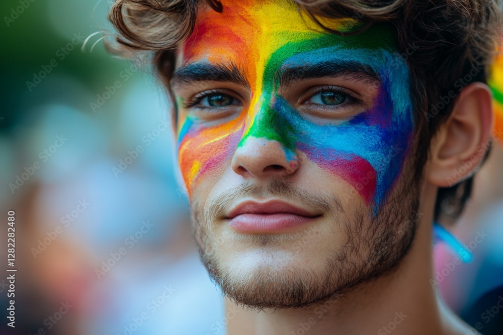 Young man with colorful face paint enjoys vibrant festival atmosphere during summer celebration