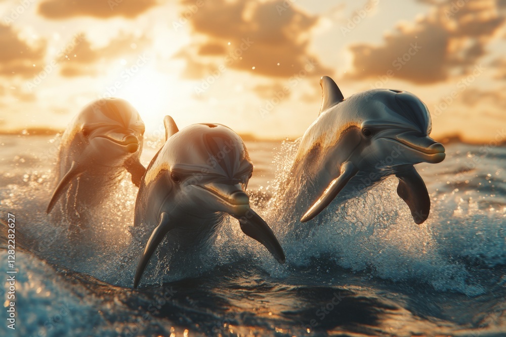Dolphins leap playfully through ocean waves during a stunning sunset over the horizon near a tropical shore