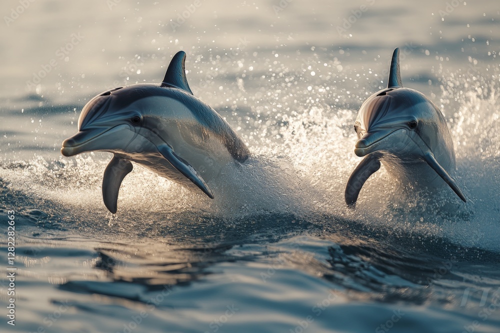 Dolphins jumping through ocean waves at sunset, showcasing their playful nature and vibrant energy