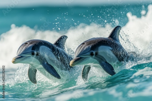 Dolphins swimming gracefully in clear ocean waters, showcasing their agility and playful nature during a sunny day