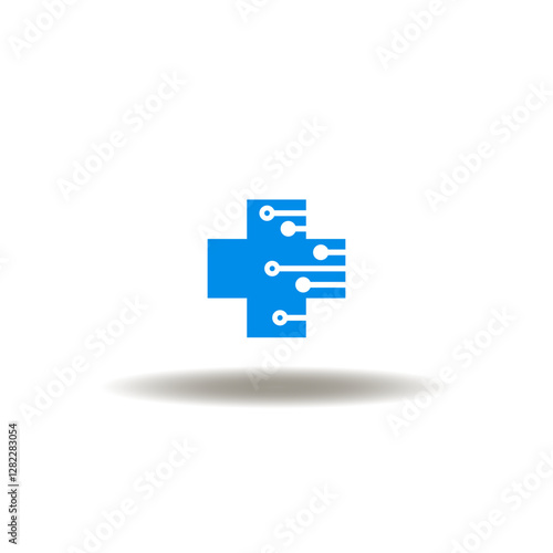 Vector illustration of medical pharmacy cross with circuit pattern. Symbol of med tech. Icon of medicine innovation technology. Pictogram of online health care.