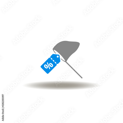 Vector illustration of catching net and ticket or sticker or tag with percent sign. Symbol of discount, sale. Icon of sales coupon catching.