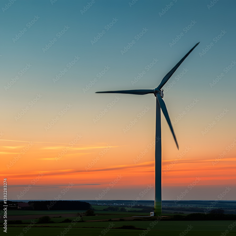 Wind turbine silhouette against sunset sky over open countryside renewable energy sustainability clean power technology concept Wind turbine silhouette against sunset sky over open countryside renewable energy sustainability clean power technology concept